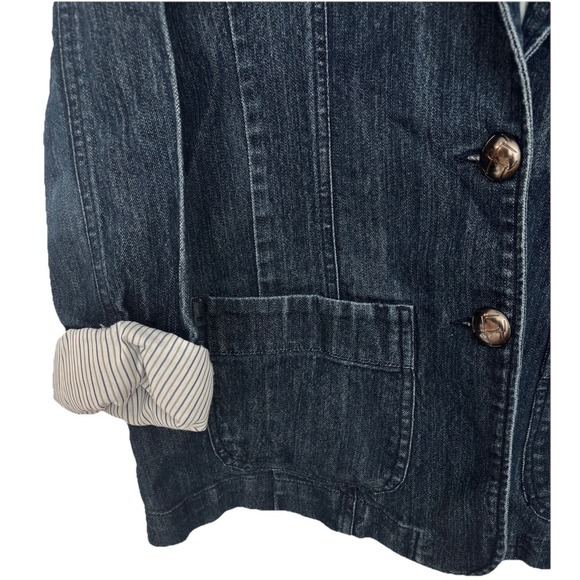 Baccini Sz L 2 Button Blue Denim Jean Jacket Stripe Rolled Sleeve Collar Pockets - Picture 2 of 11